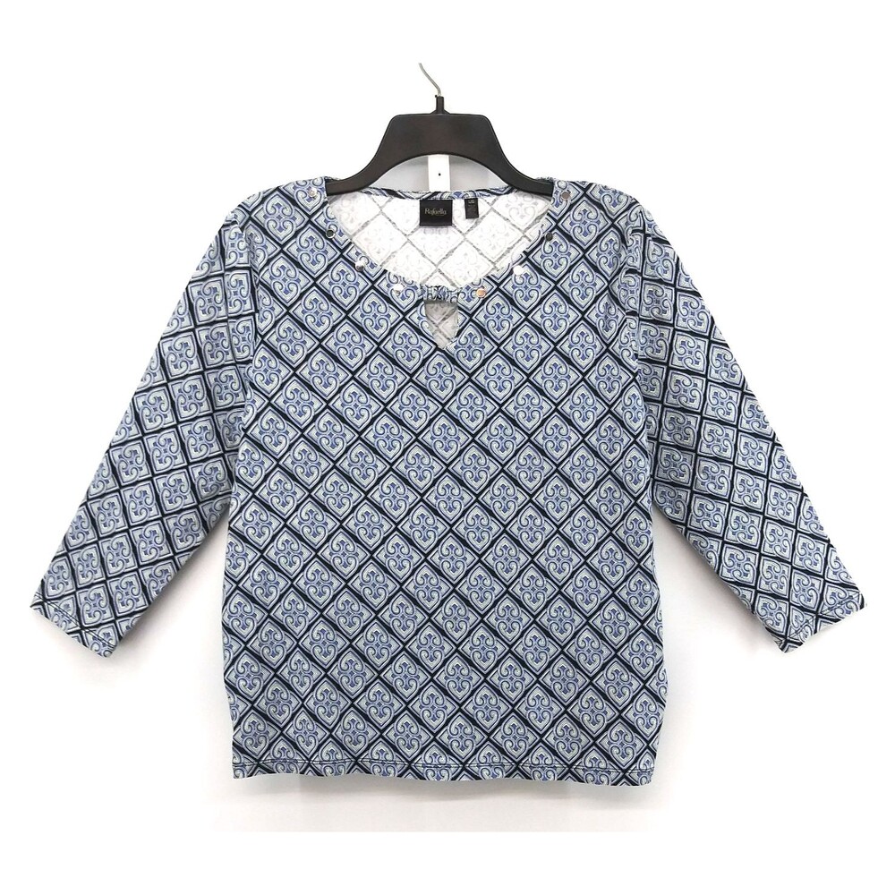 Rafaella Shirt Women Size L Blue Diagonal Striped Beaded Keyhole Neck Casual Top